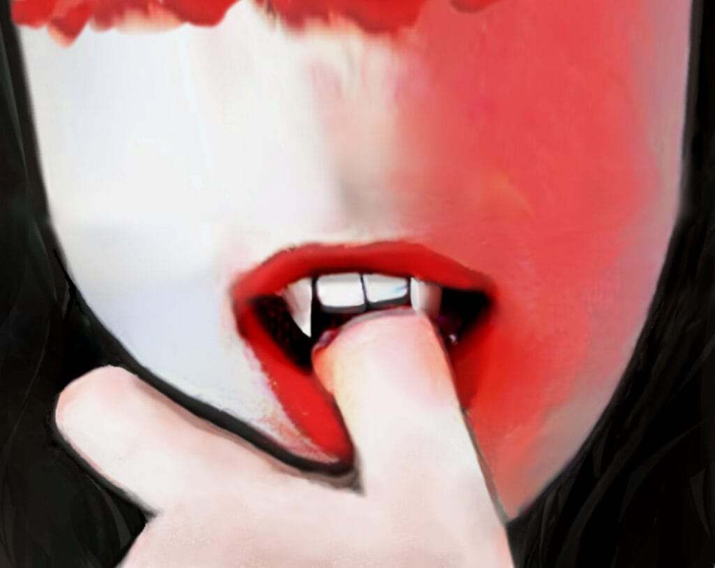 Close-up of a mouth with vivid red lipstick and teeth showing as a finger touches the lips.