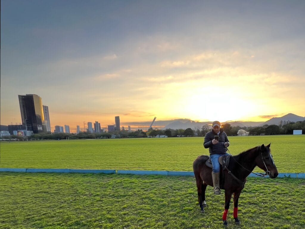 Man riding a dark horse across a grassy field at sunset with a city skyline in the background.